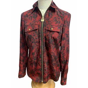 Michael Kors Blouse Red Floral Lace Full Zip Dog Tag  Top Women's Size Medium